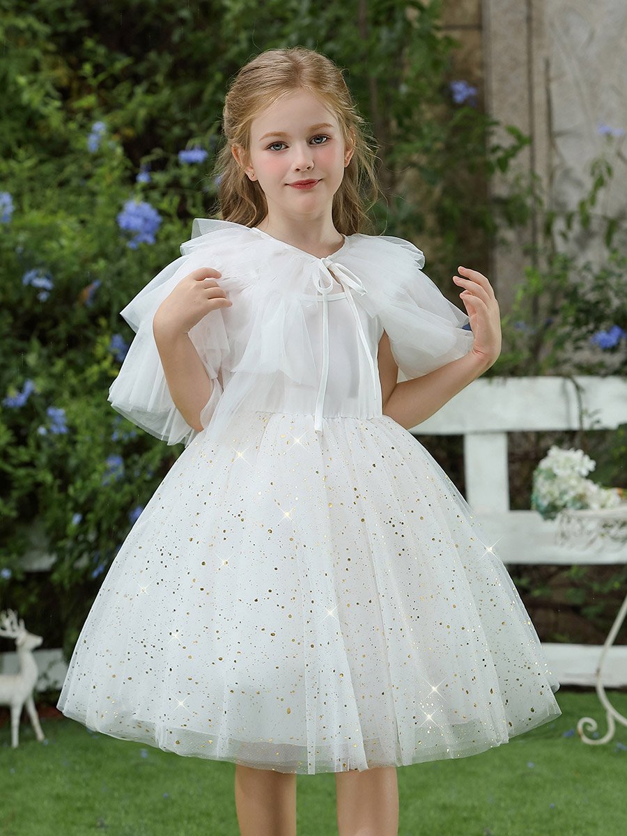 Girls Embellished Strappy Mesh Dress with Tulle Cape