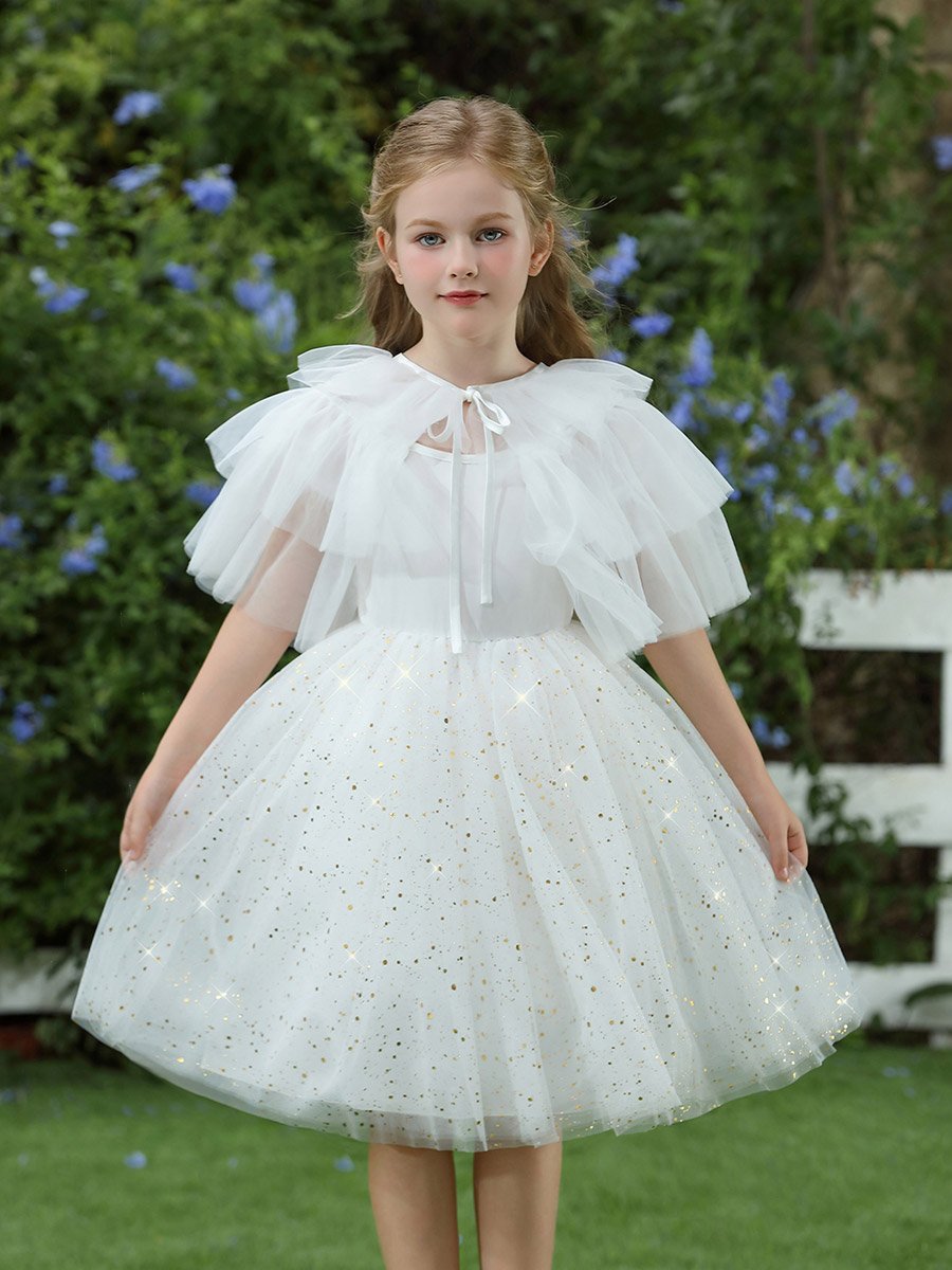 Girls Embellished Strappy Mesh Dress with Tulle Cape