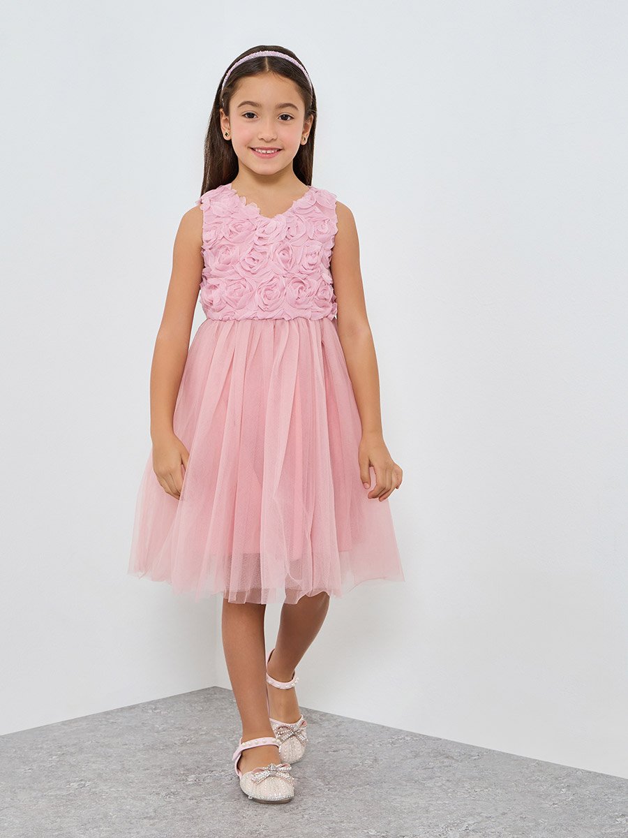 Girls Pink Flower Details Mesh Sleeveless Dress
