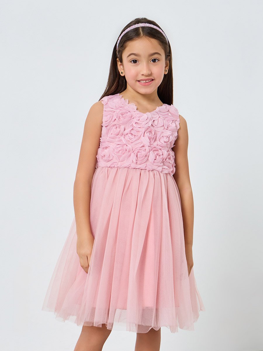 Girls Pink Flower Details Mesh Sleeveless Dress