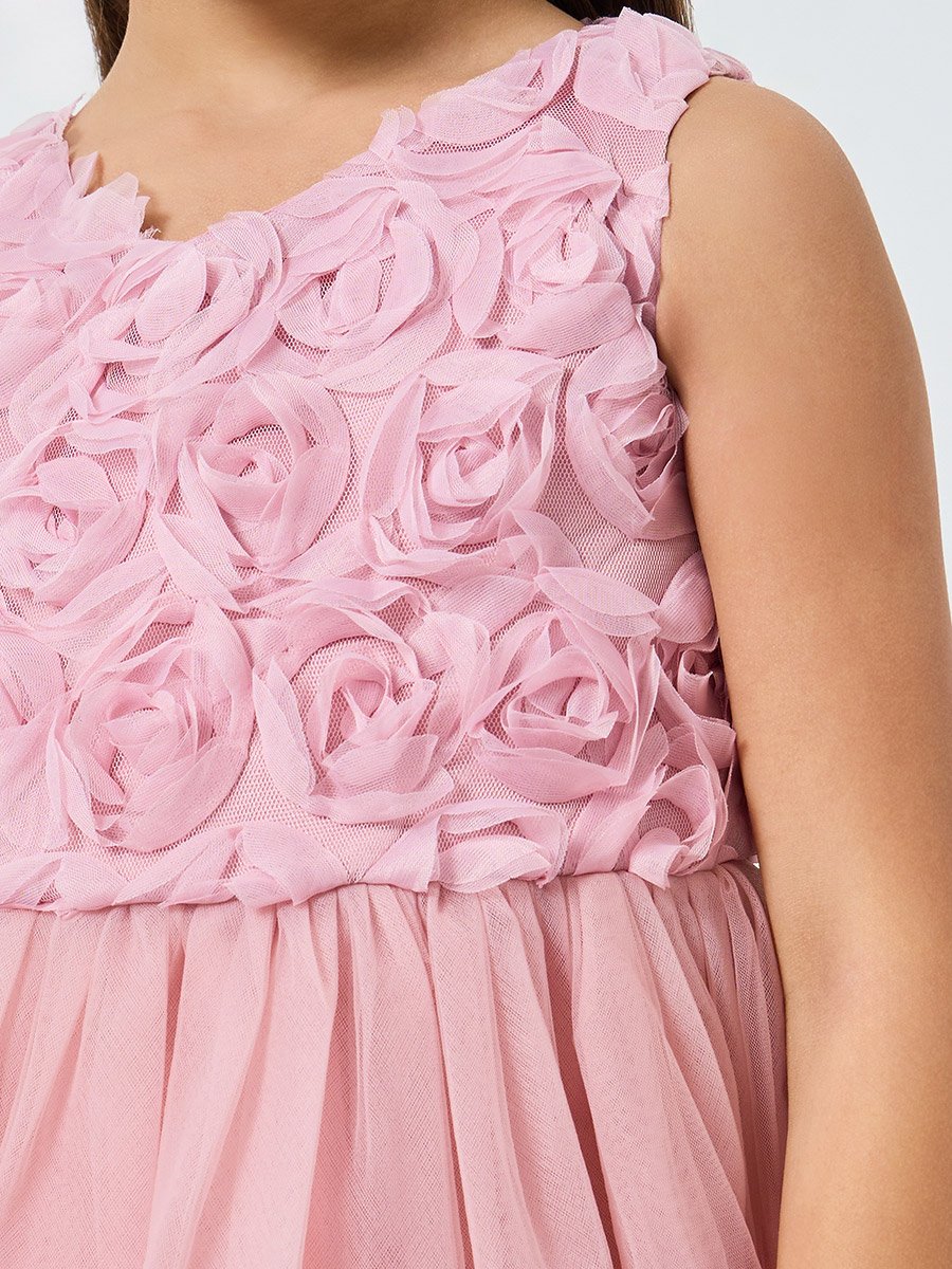 Girls Pink Flower Details Mesh Sleeveless Dress