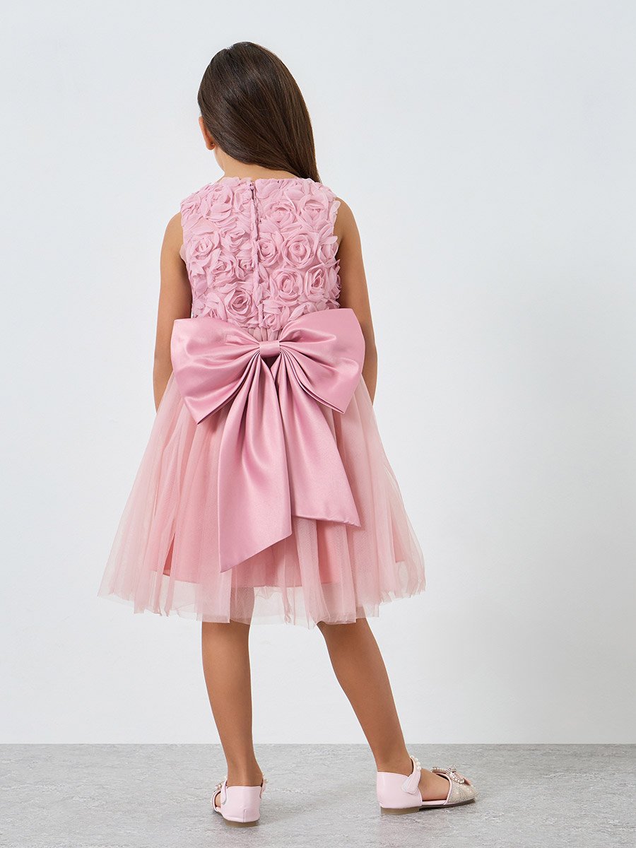 Girls Pink Flower Details Mesh Sleeveless Dress