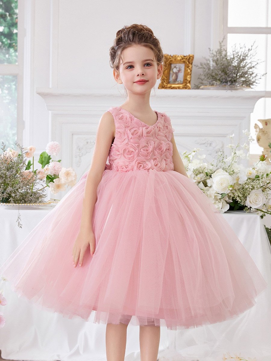 Girls Pink Flower Details Mesh Sleeveless Dress