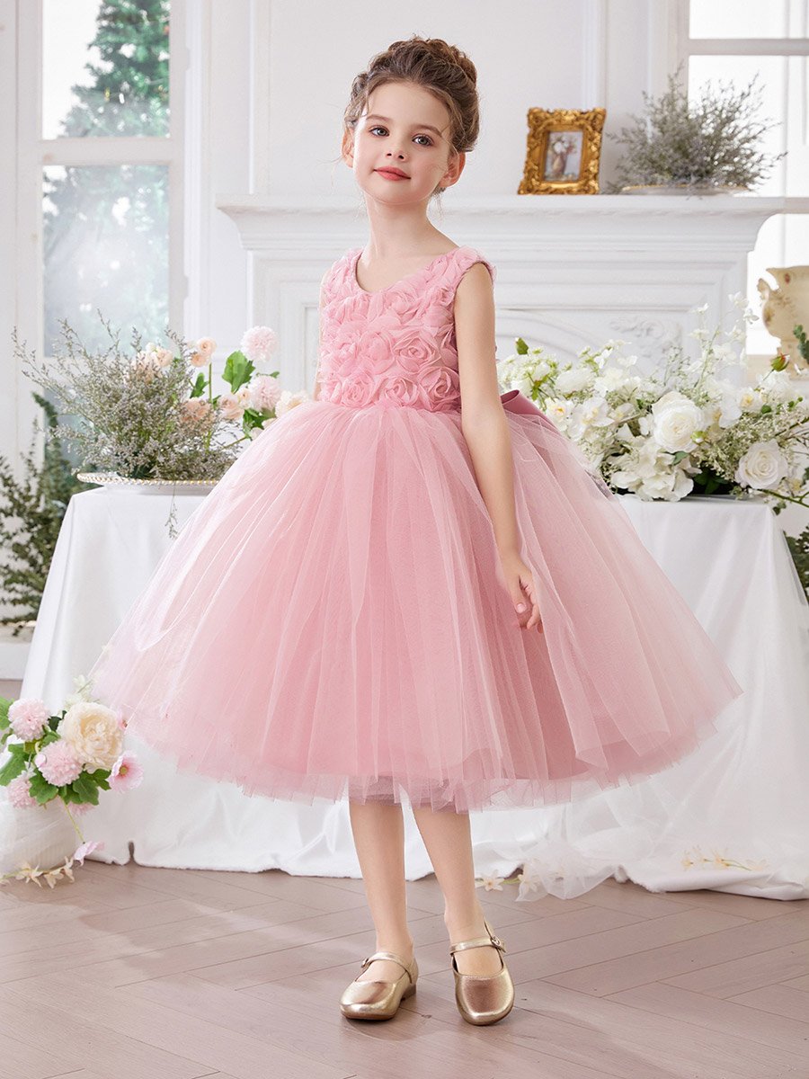 Girls Pink Flower Details Mesh Sleeveless Dress