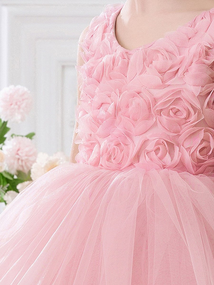 Girls Pink Flower Details Mesh Sleeveless Dress