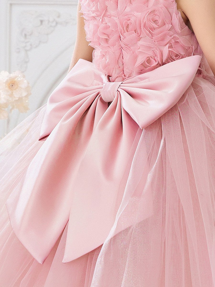 Girls Pink Flower Details Mesh Sleeveless Dress