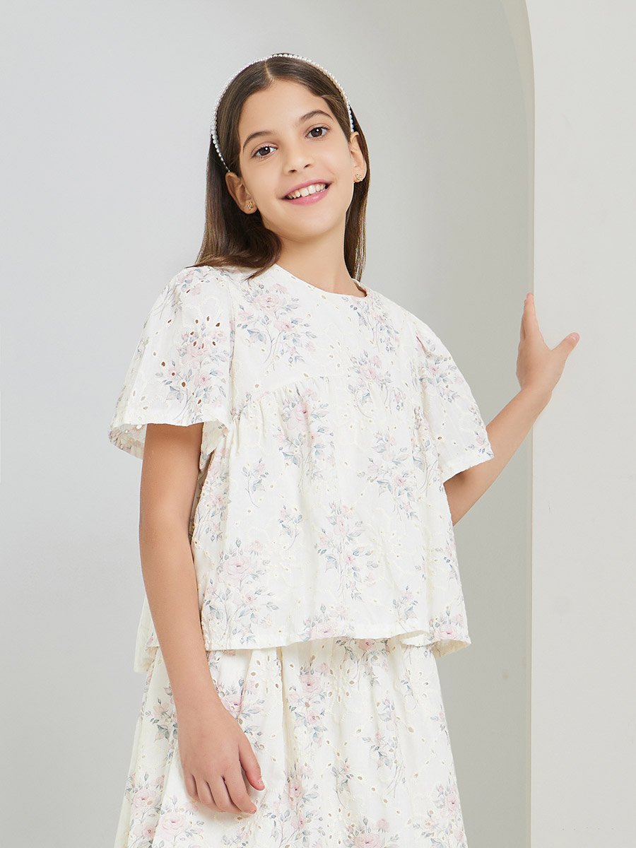 Girls Cream Embroidered Schiffli Top