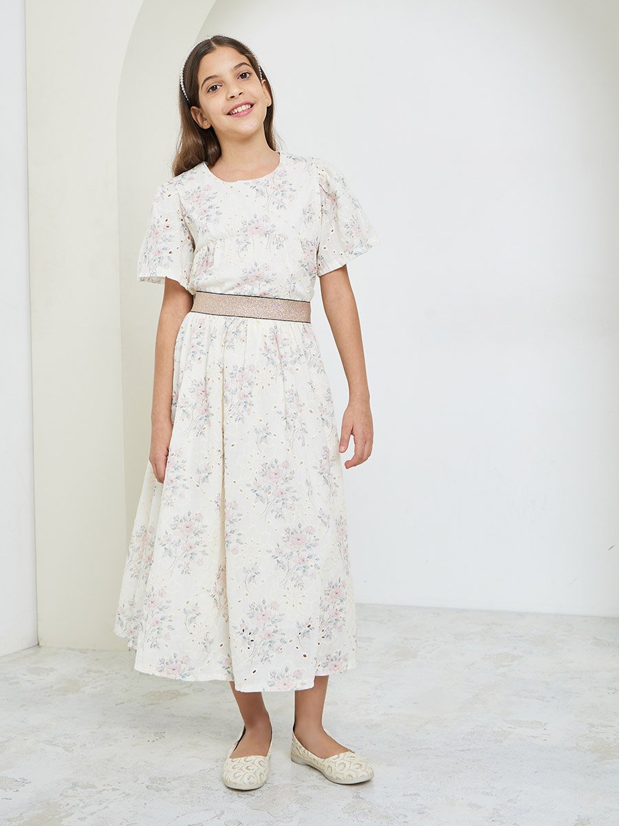 Girls Cream Embroidered Schiffli Top