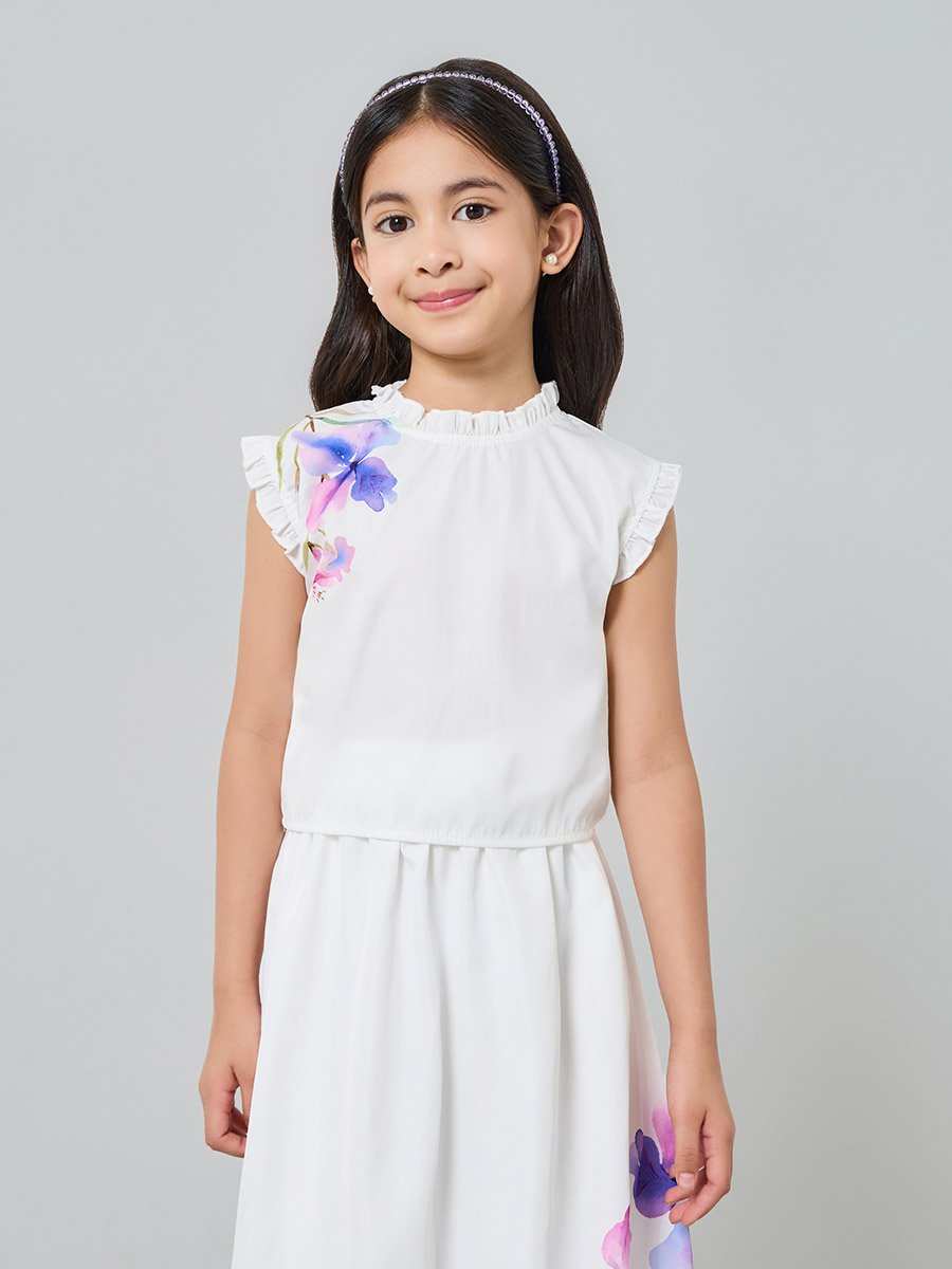 Girls White Floral Print Top and Skirt Set