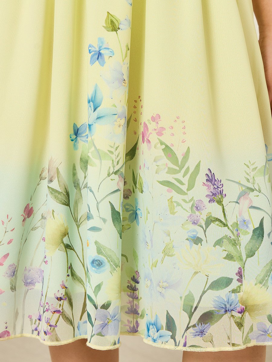 Girls Yellow Floral Print A-Line Knee-Length Dress