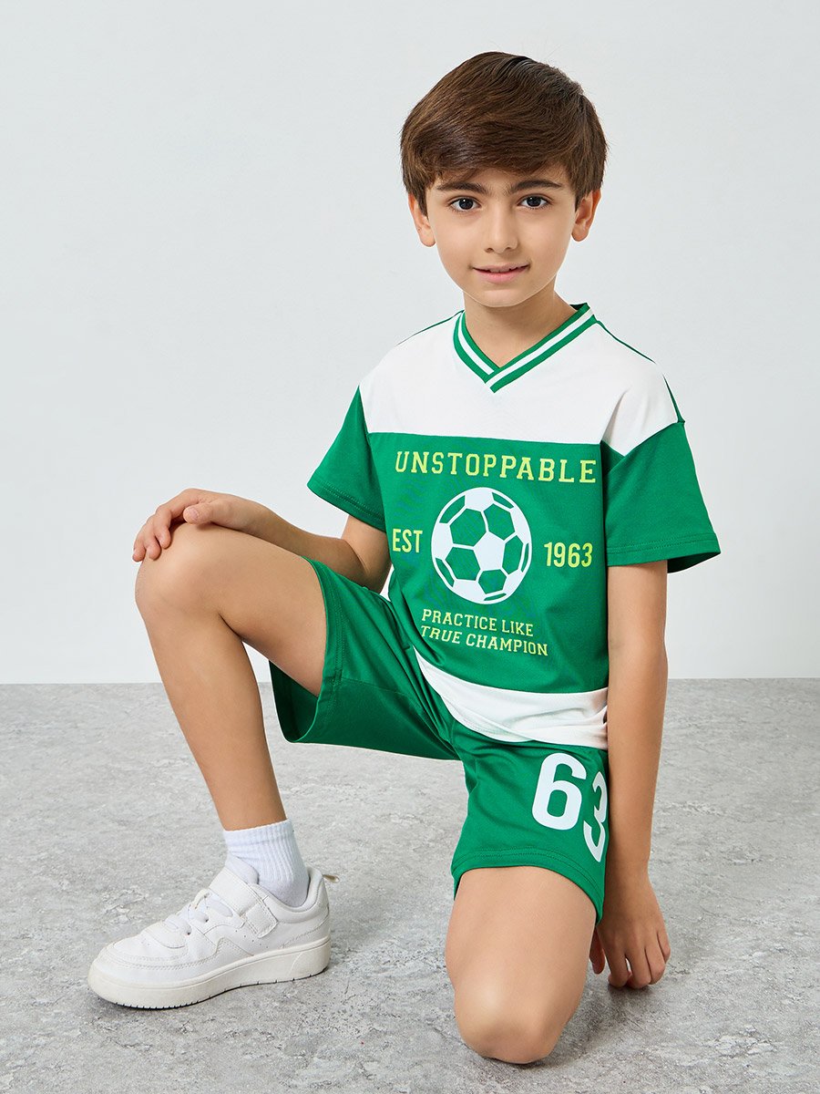 Boys Green Football Graphic T-Shirt and Shorts Set