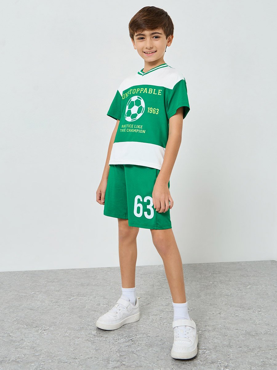Boys Green Football Graphic T-Shirt and Shorts Set