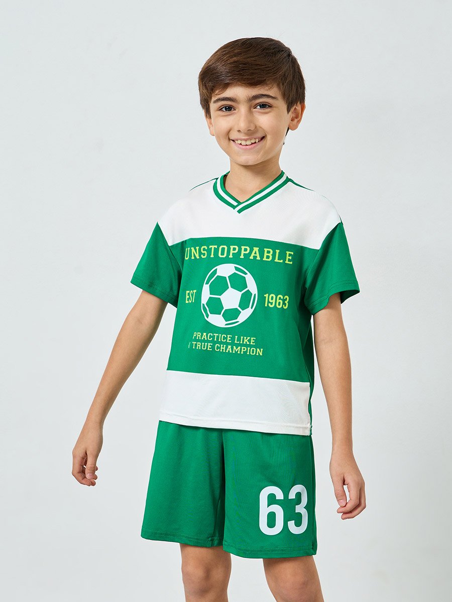 Boys Green Football Graphic T-Shirt and Shorts Set