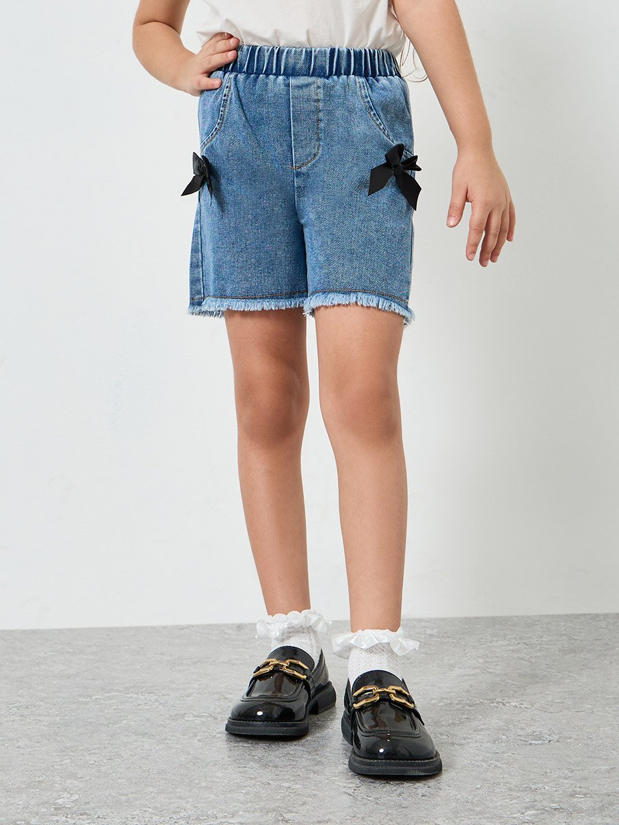 Girls Denim Shorts with Bow Applique