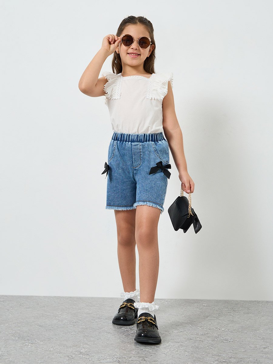 Girls Denim Shorts with Bow Applique