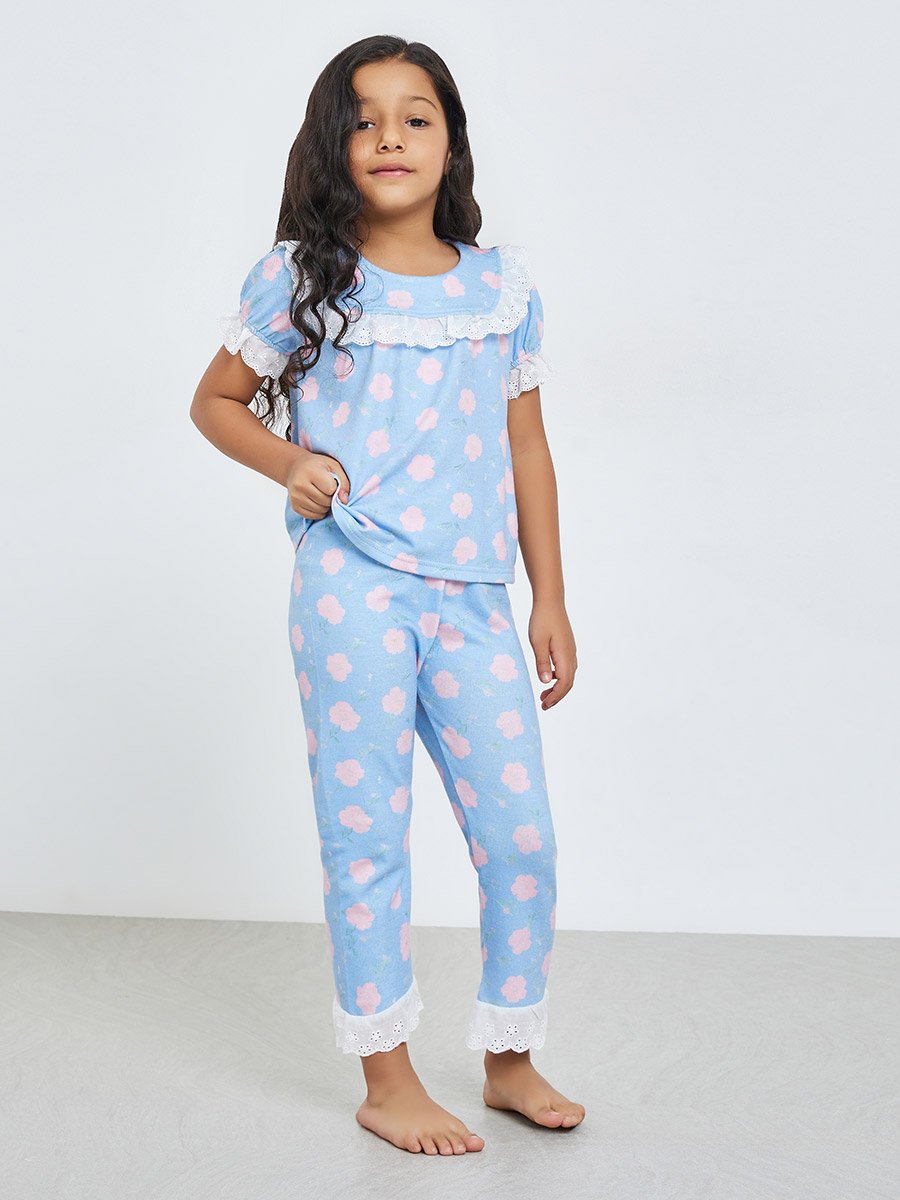 Girls Blue Floral Print Top and Pyjama Set
