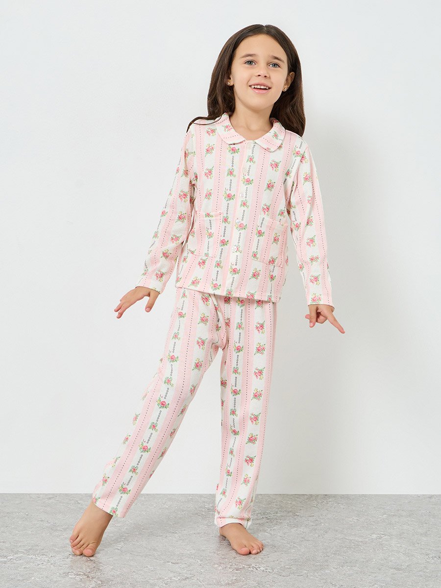 Girls Pink Floral Print Long Sleeve Shirt and Pyjama Set
