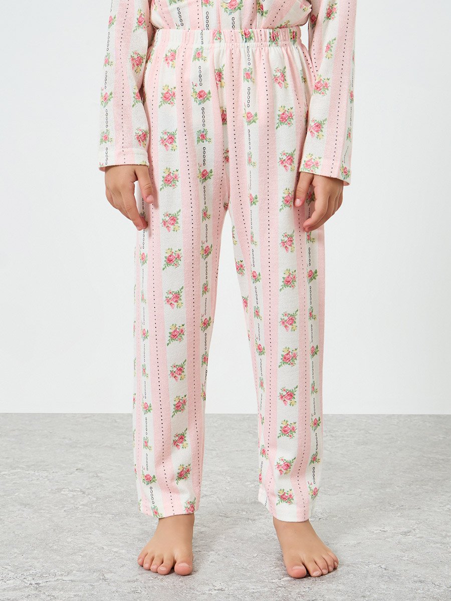 Girls Pink Floral Print Long Sleeve Shirt and Pyjama Set