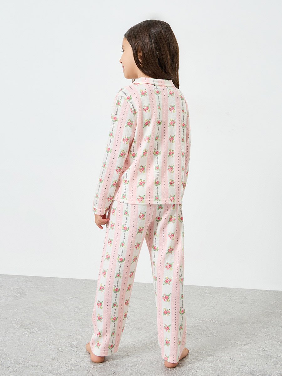 Girls Pink Floral Print Long Sleeve Shirt and Pyjama Set