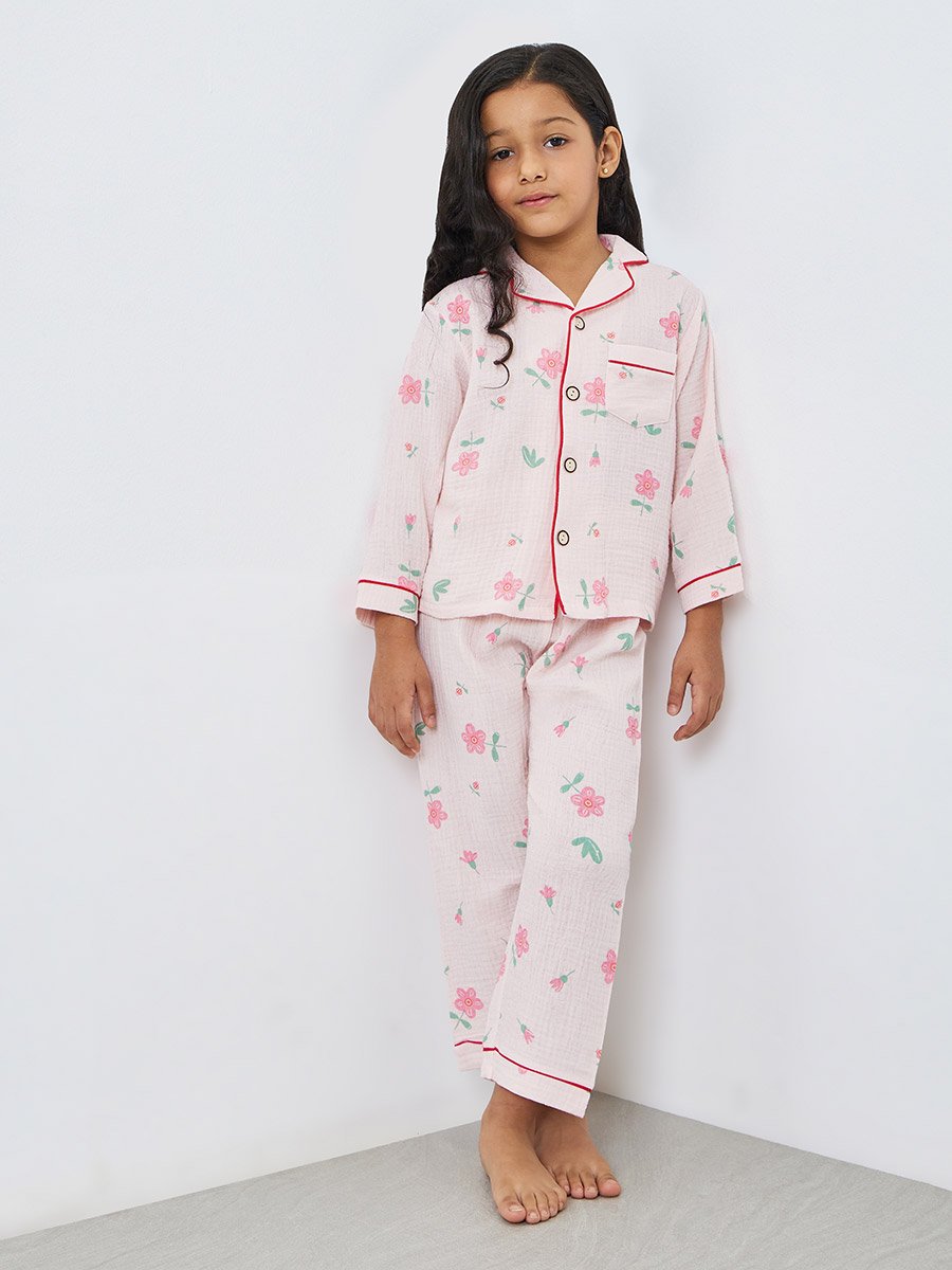 Girls Floral Print Button Front Shirt and Pjyama Set