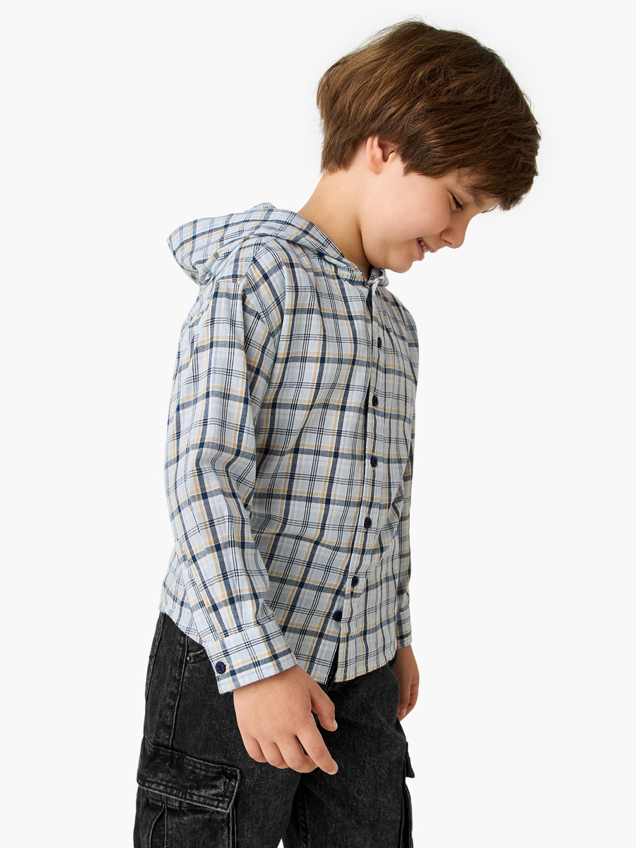 Checked Cotton Long Sleeve Shirt with Hood