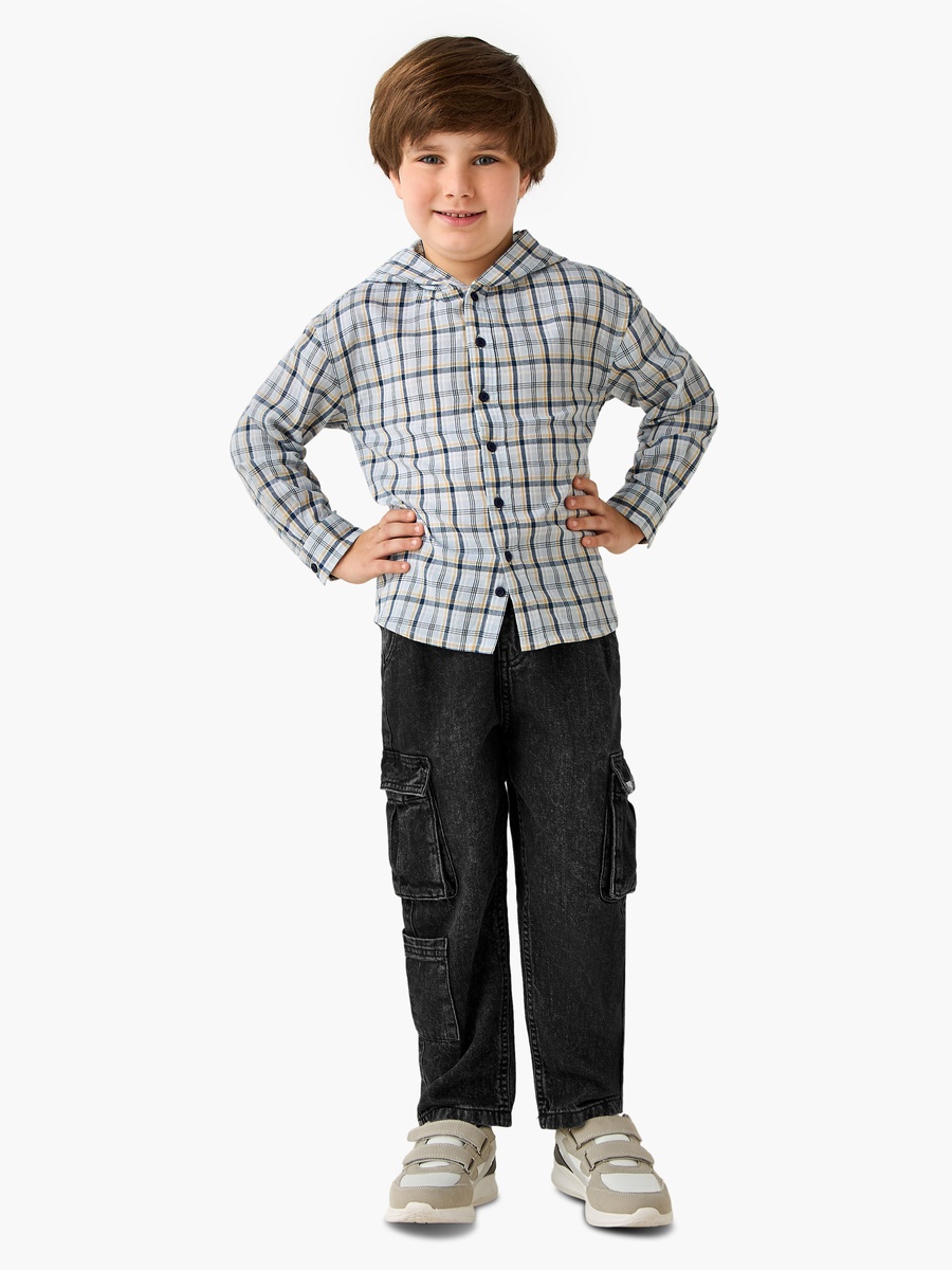 Checked Cotton Long Sleeve Shirt with Hood