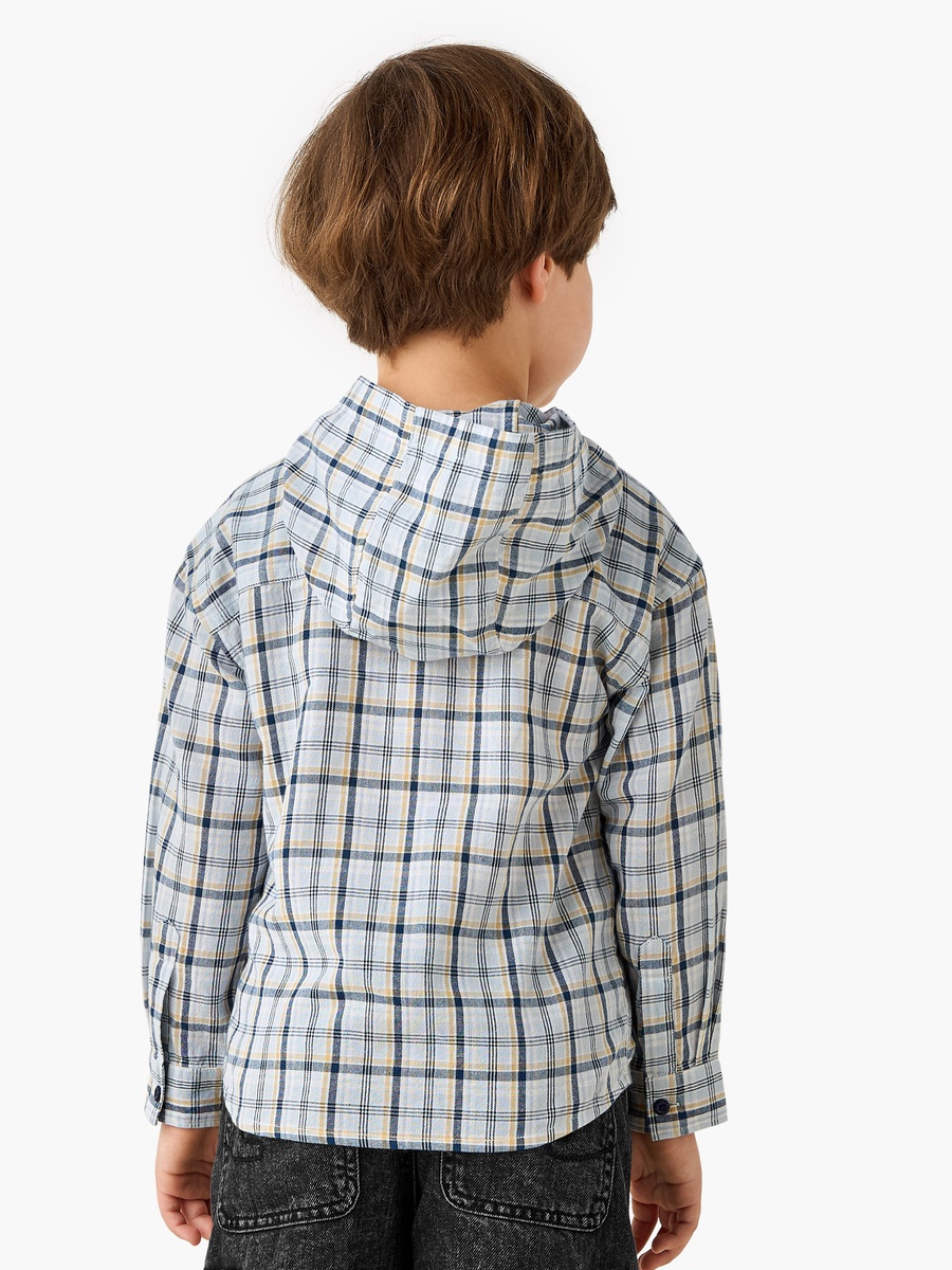 Checked Cotton Long Sleeve Shirt with Hood