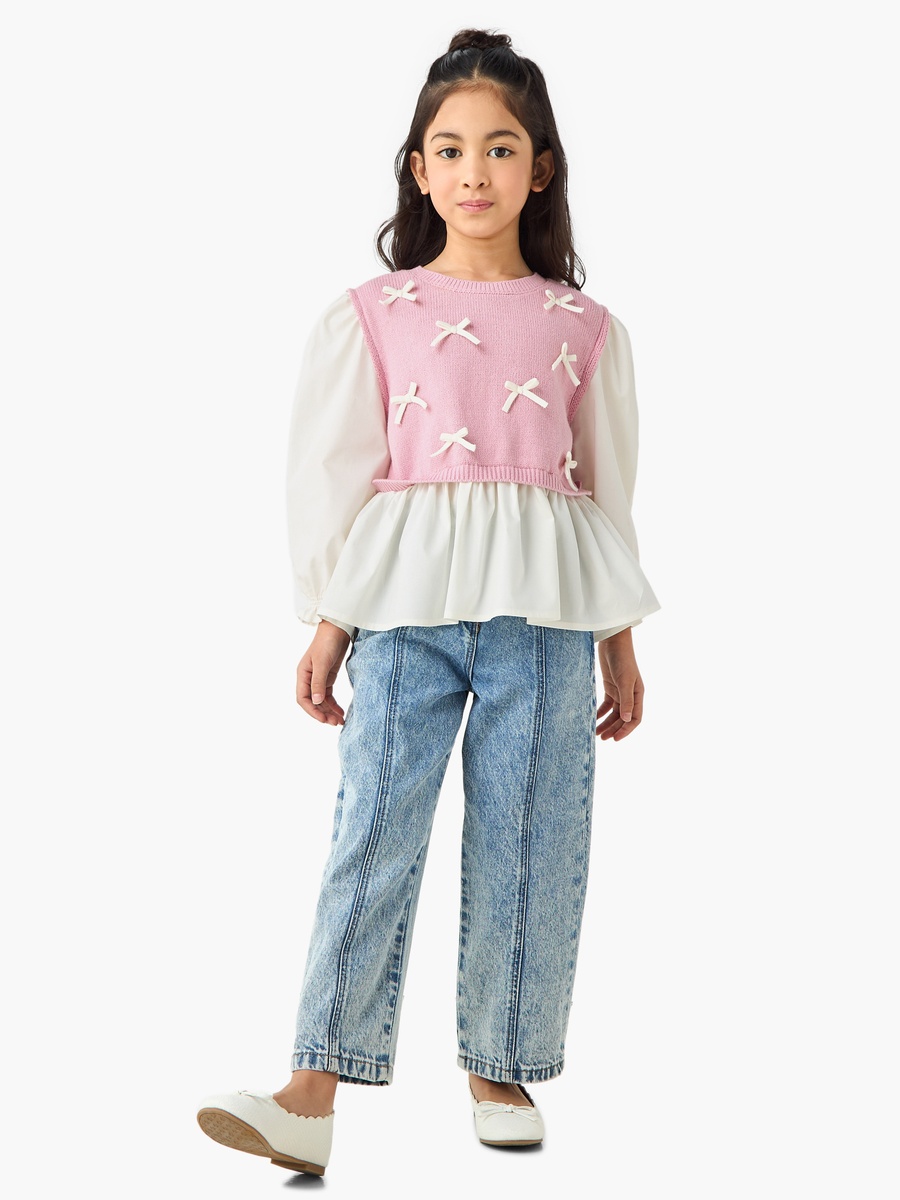 Long Sleeve Peplum Top with Bow Accent and Round Neck