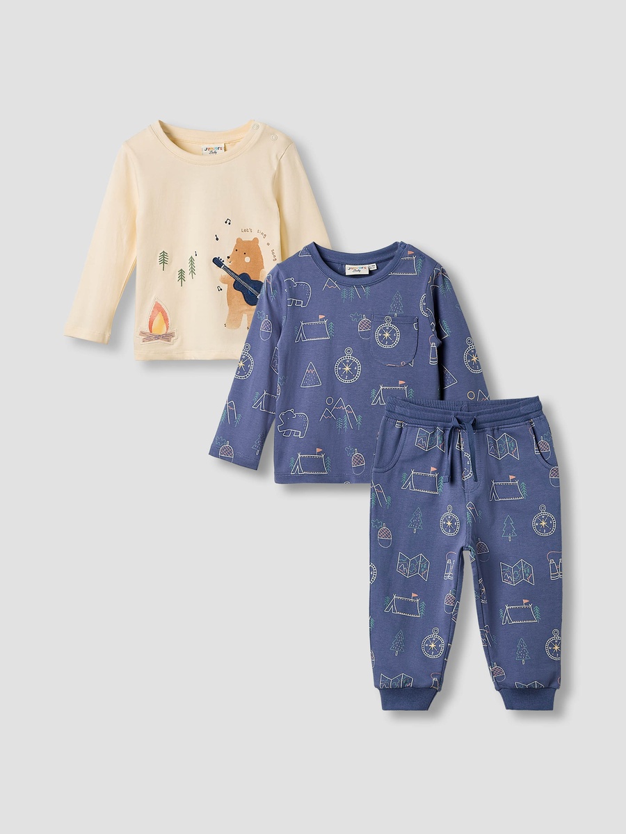 Printed Cotton Crew Neck T-Shirt and Joggers Set- Pack of 3
