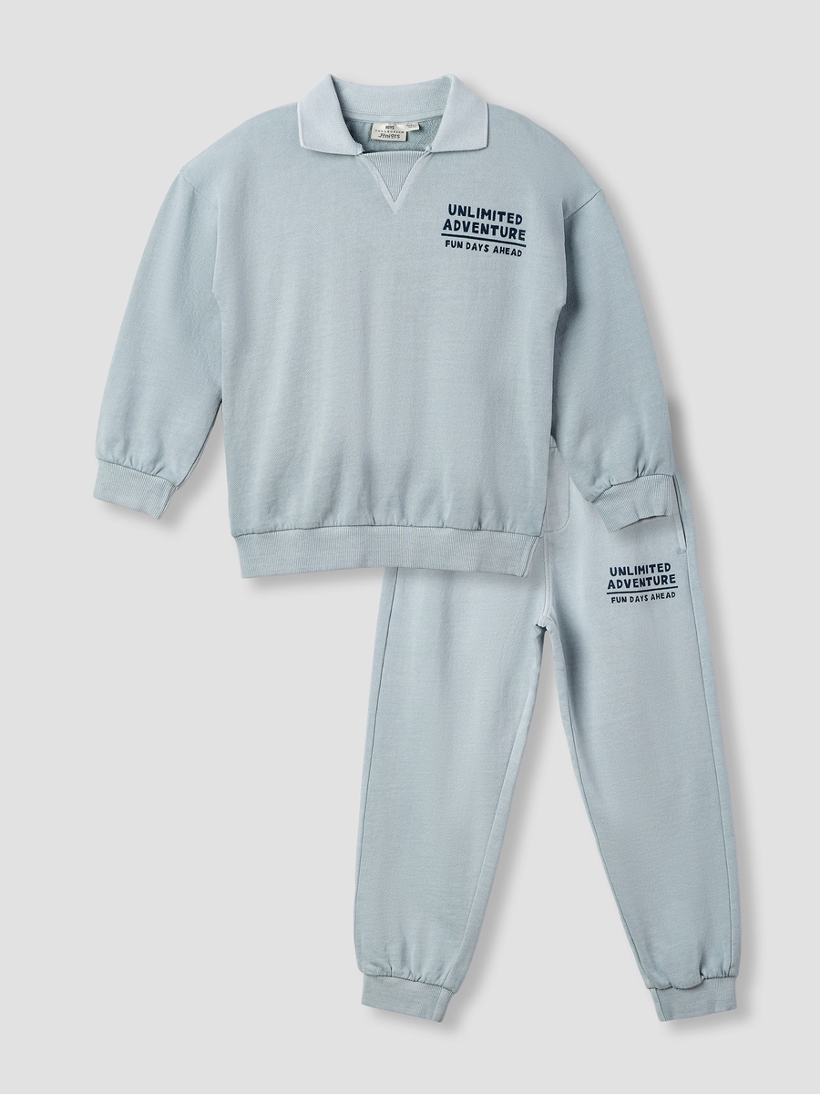 Text Print Collared Sweatshirt and Joggers Set