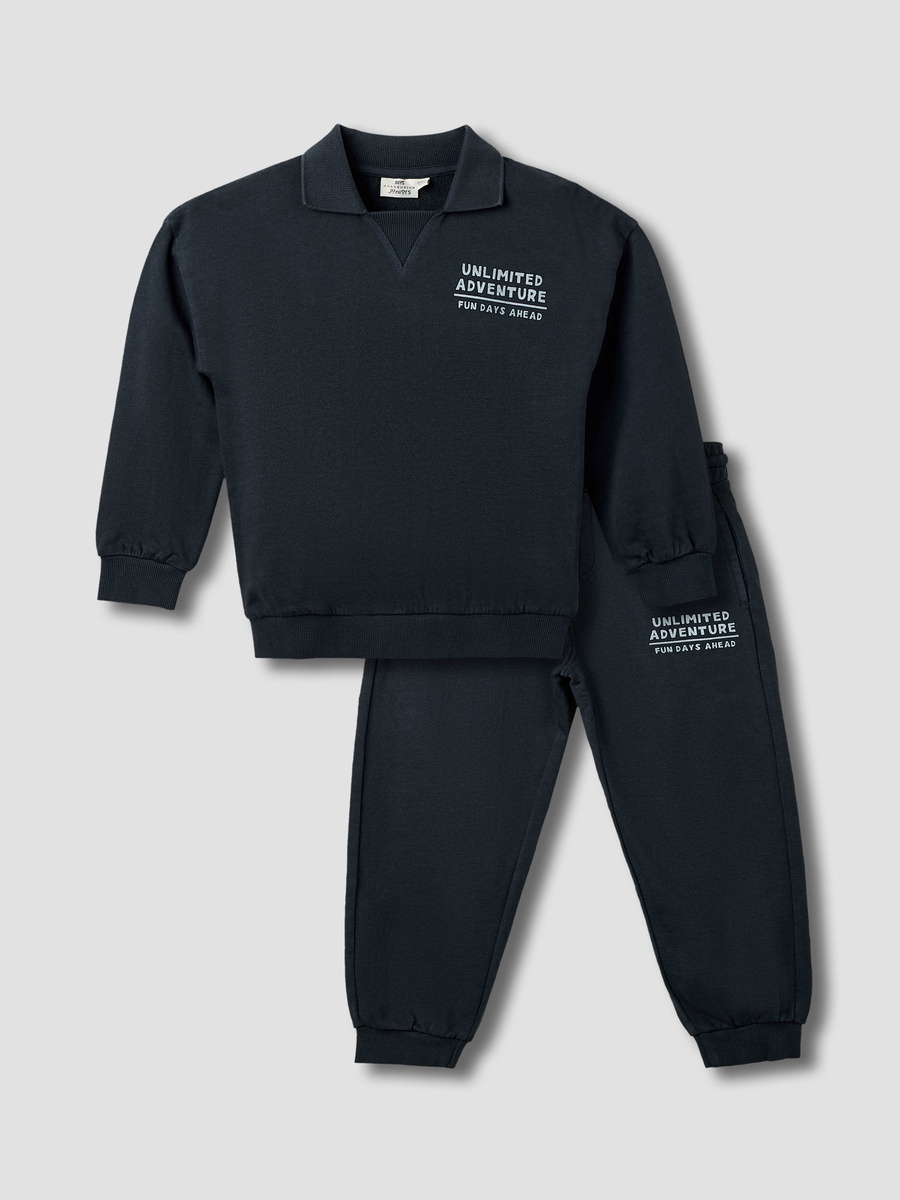 Typographic Print Collared Sweatshirt and Joggers Set