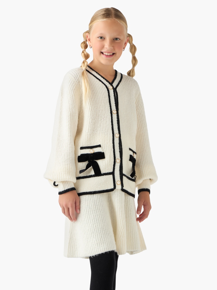 Bow Detail Wool V Neck Sweater with Skirt and Stockings Set