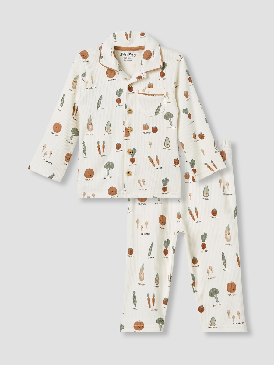 Vegetable Print Cotton Pyjama Set with Long Sleeves and Collar