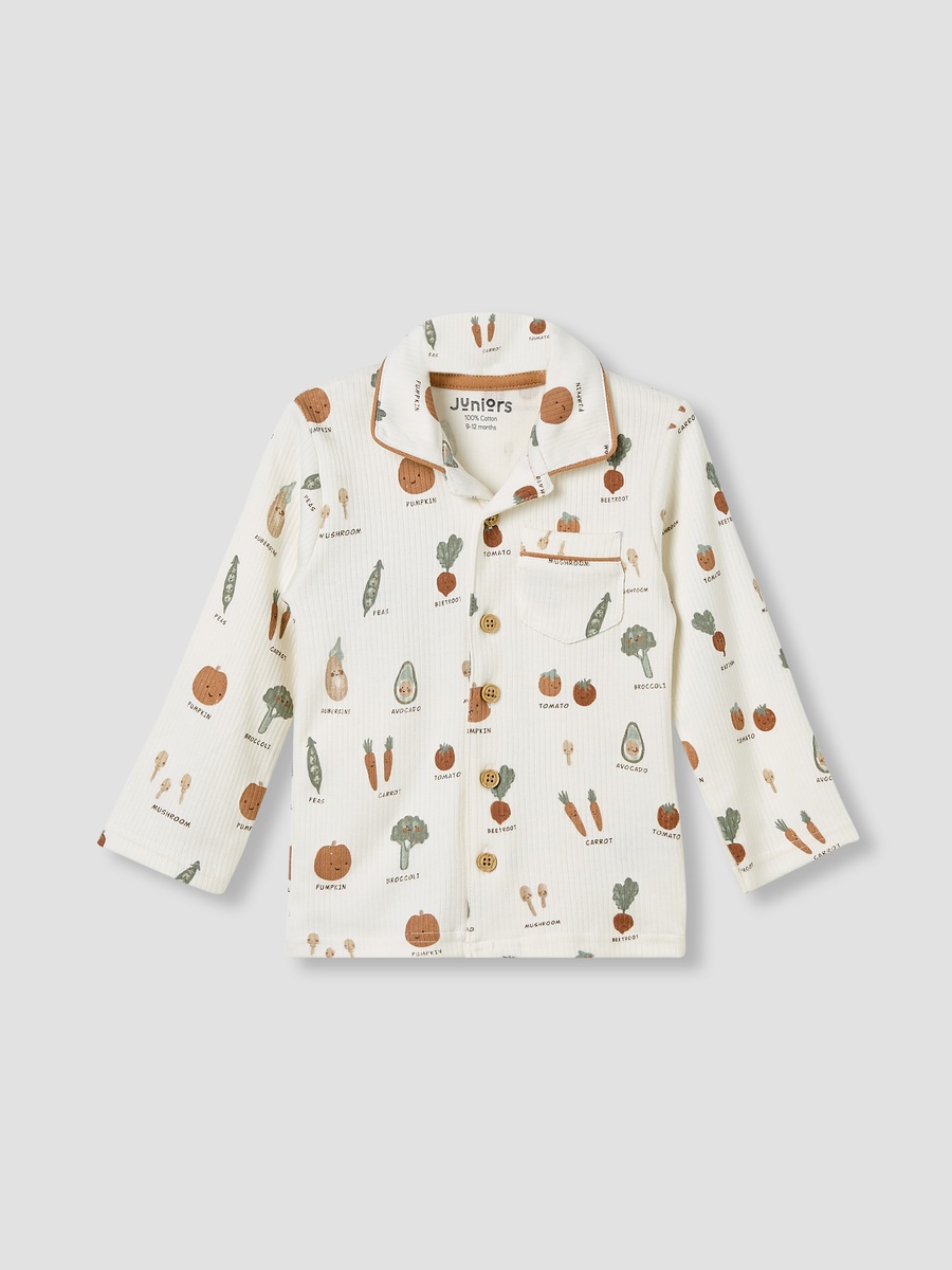 Vegetable Print Cotton Pyjama Set with Long Sleeves and Collar
