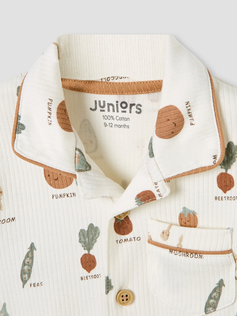 Vegetable Print Cotton Pyjama Set with Long Sleeves and Collar
