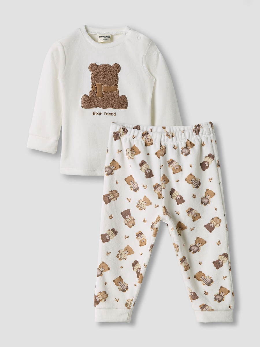 Bear Applique Long Sleeves Velour Sweatshirt and Pyjama Set