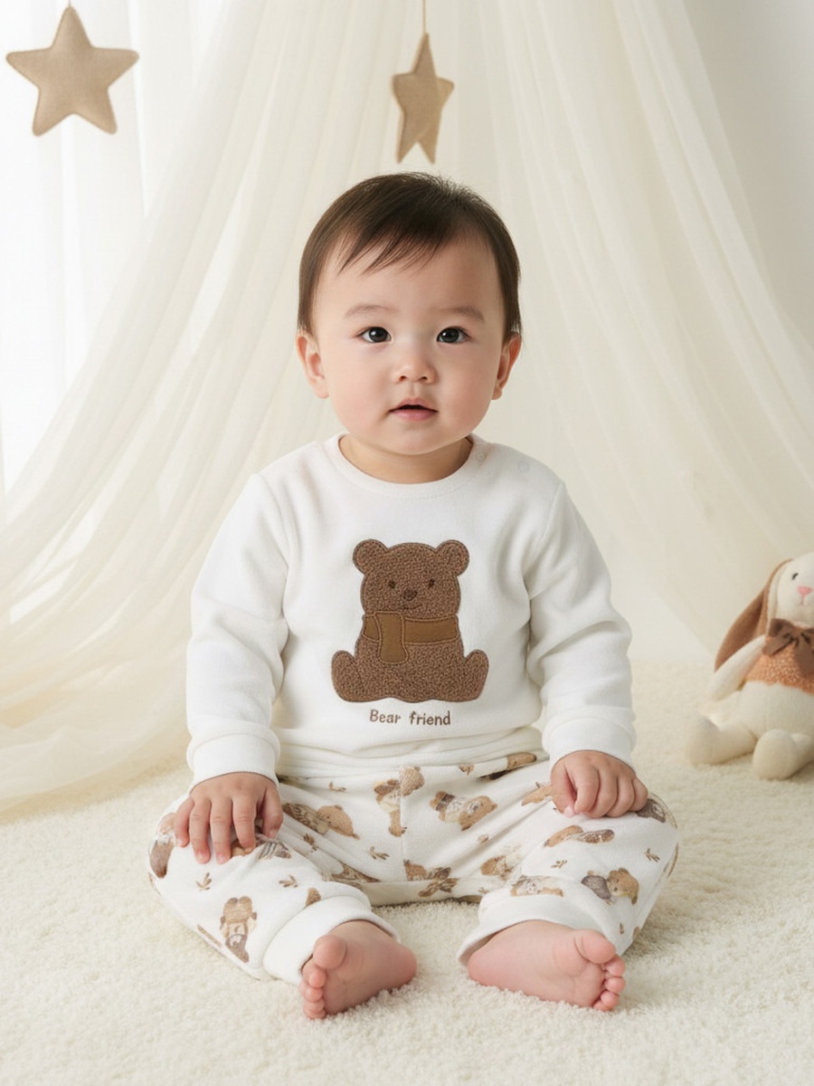 Bear Applique Long Sleeves Velour Sweatshirt and Pyjama Set