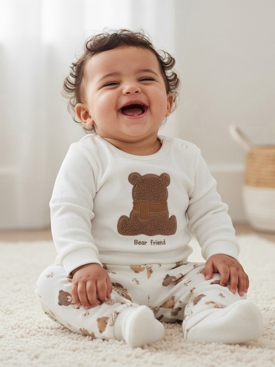 Bear Applique Long Sleeves Velour Sweatshirt and Pyjama Set