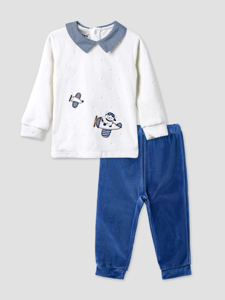 Embroidered Pyjama Set with Long Sleeves and Collar
