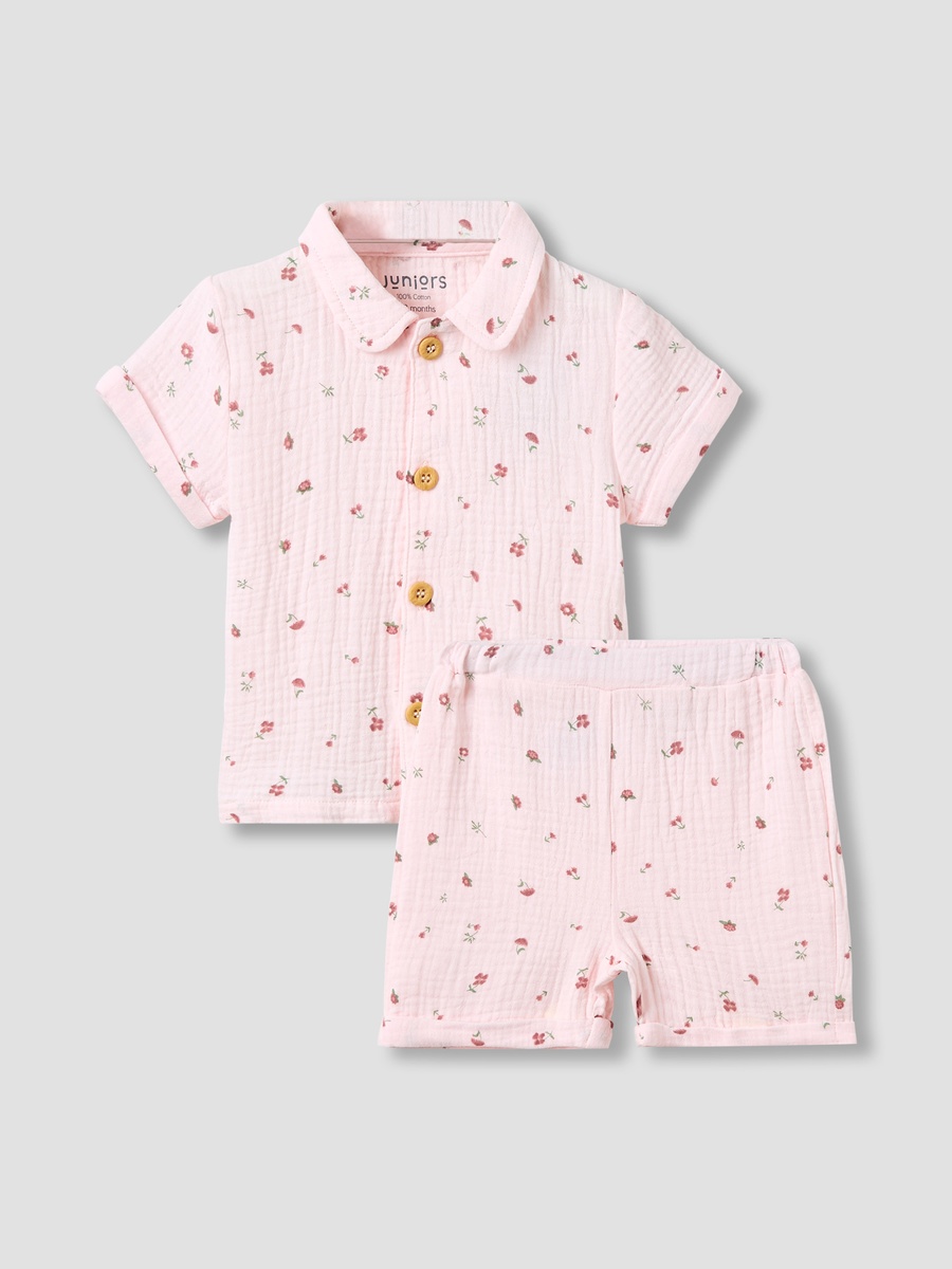 Cotton Short Sleeve Shirt and Shorts Set with Print