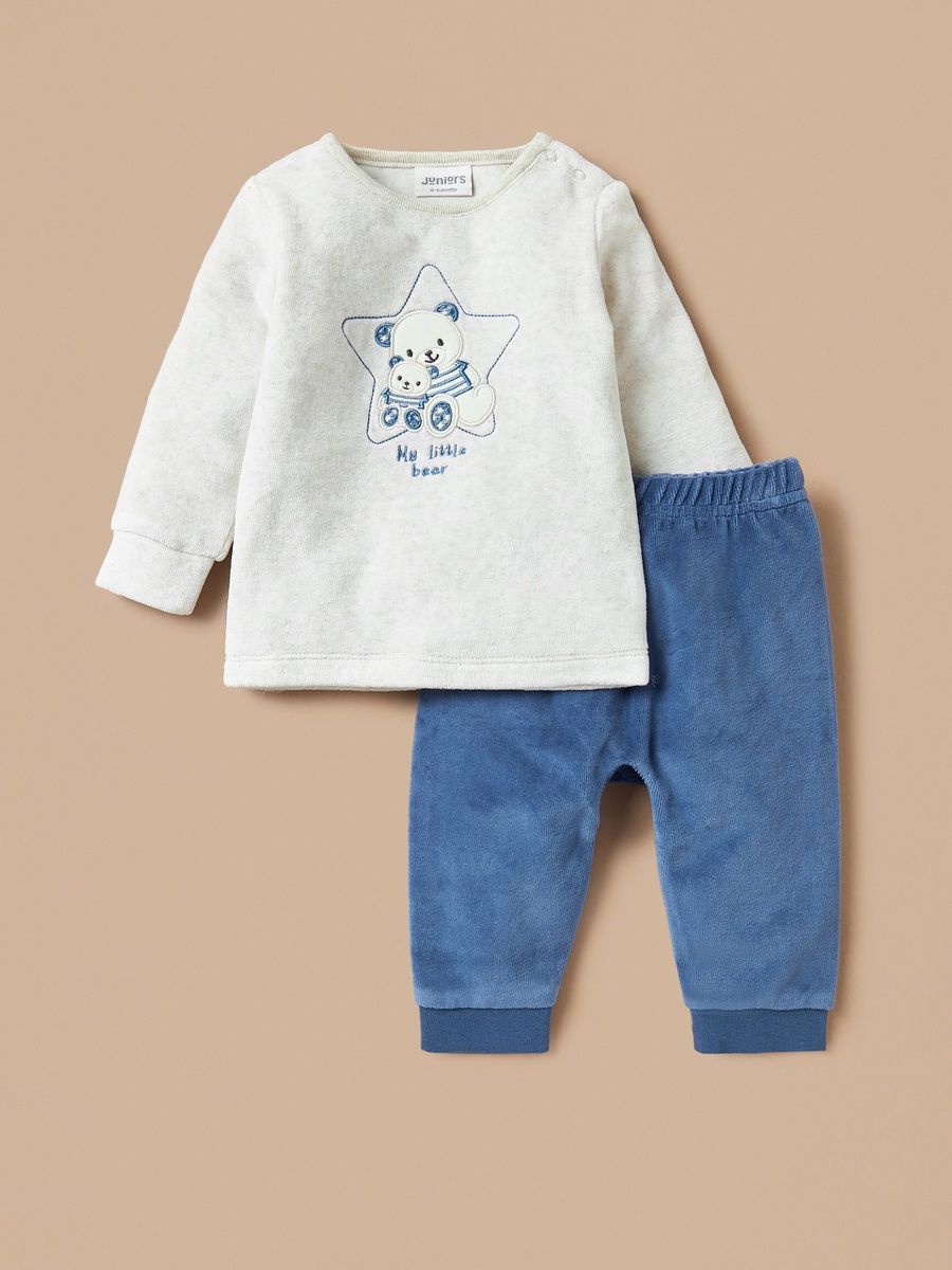 Bear Embroidered Velour T-Shirt and Pyjama Set