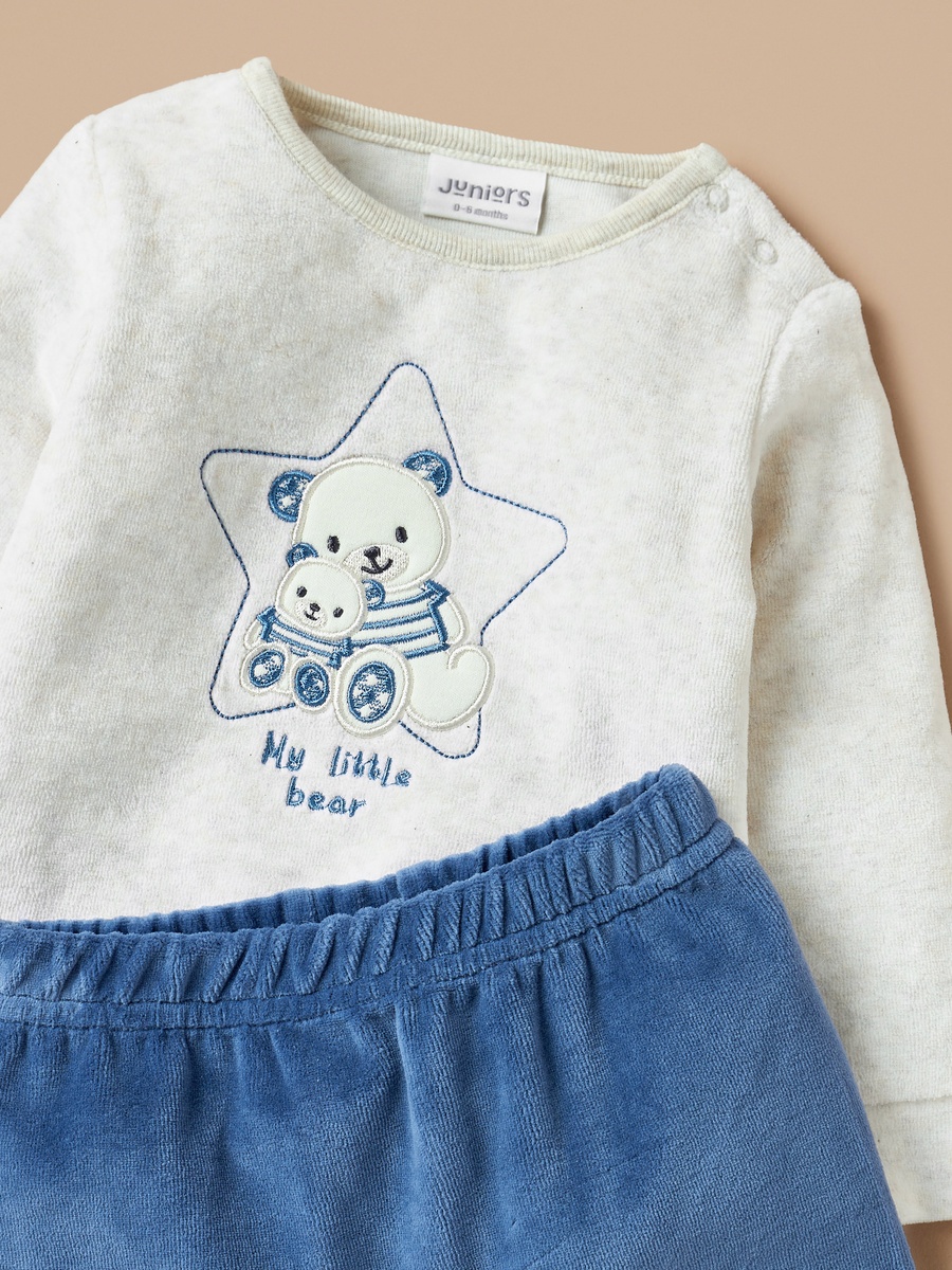 Bear Embroidered Velour T-Shirt and Pyjama Set