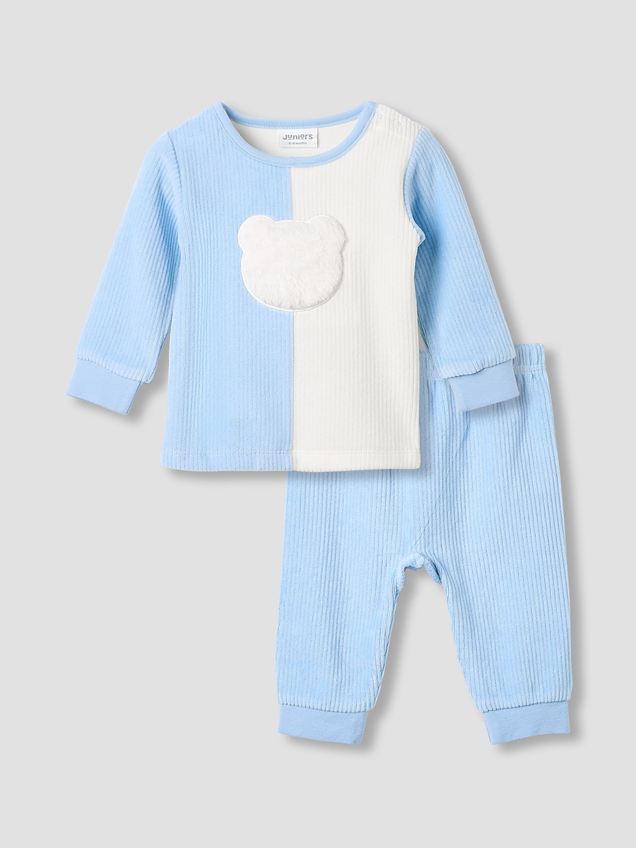 Bear Applique Velour Pyjama Set with Long Sleeves and Round Neck