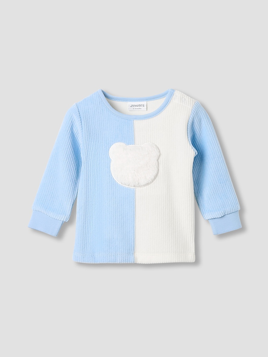 Bear Applique Velour Pyjama Set with Long Sleeves and Round Neck