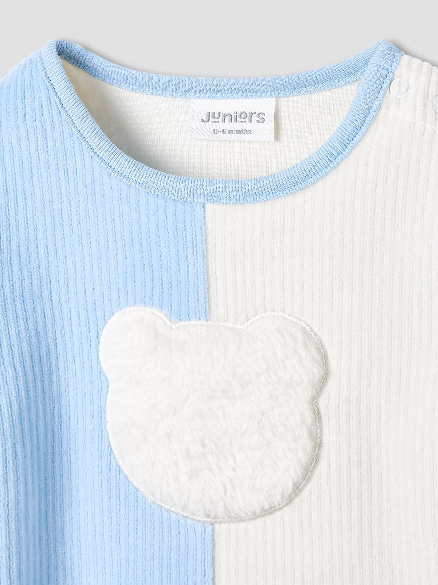 Bear Applique Velour Pyjama Set with Long Sleeves and Round Neck