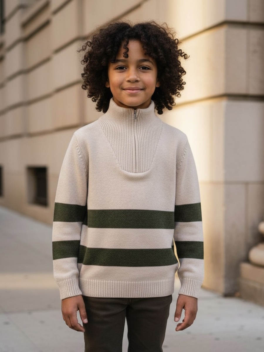 Striped High Neck Pullover with Long Sleeves