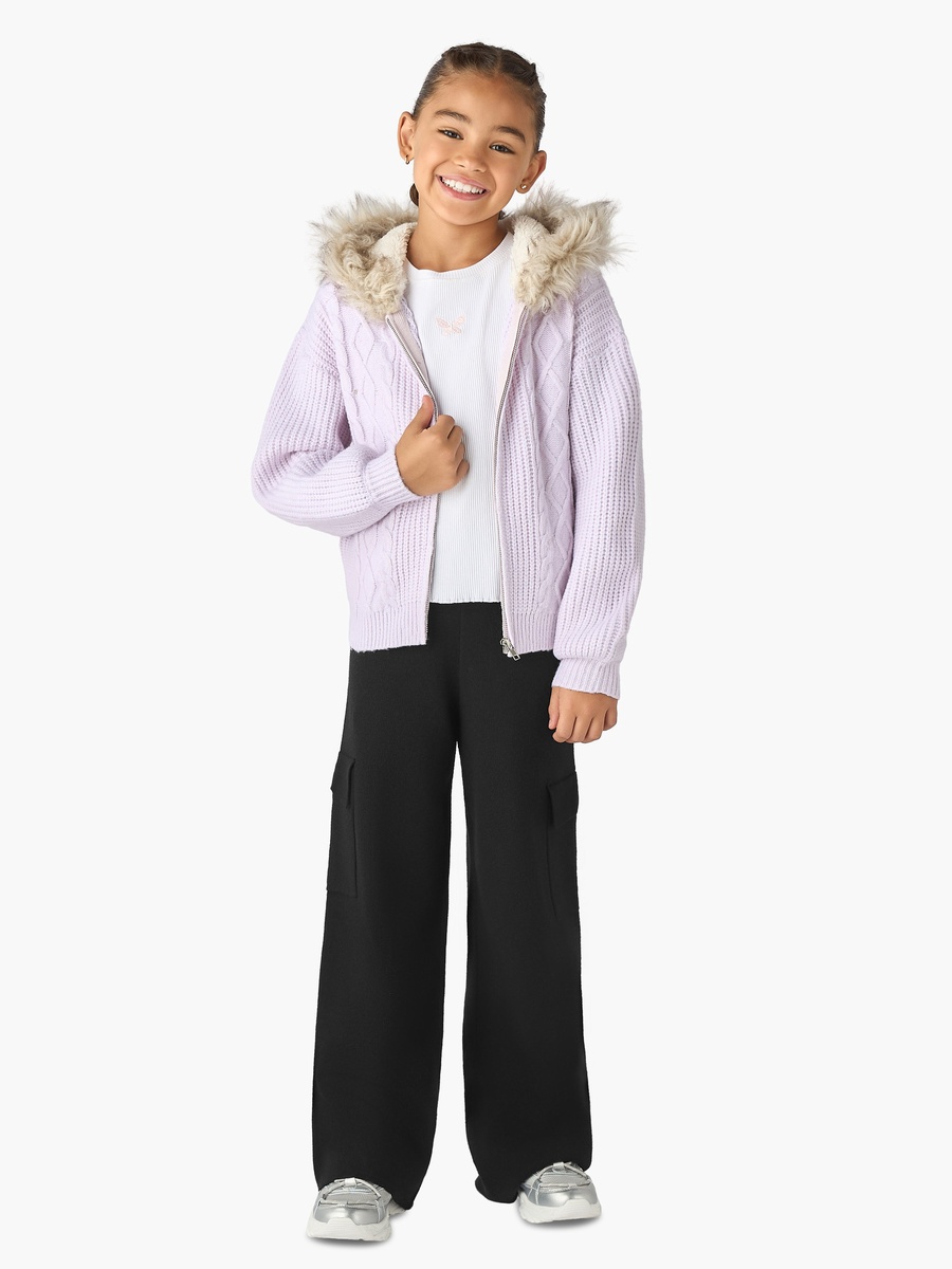 Cable Knit Faux Fur Cardigan with Zip Closure