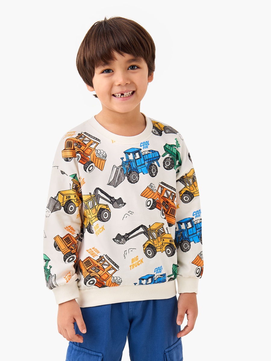 Crew Neck Cotton Sweatshirt with Vehicle Print