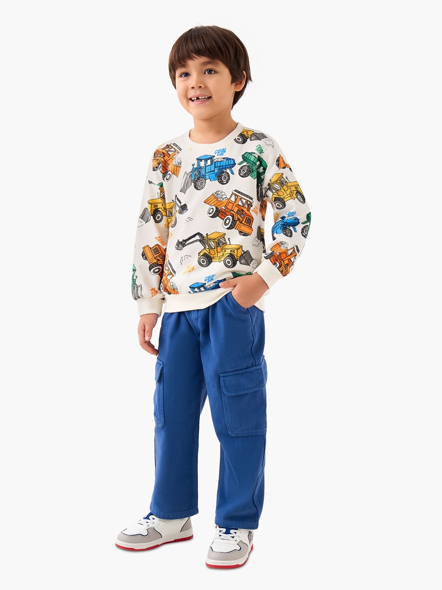 Crew Neck Cotton Sweatshirt with Vehicle Print