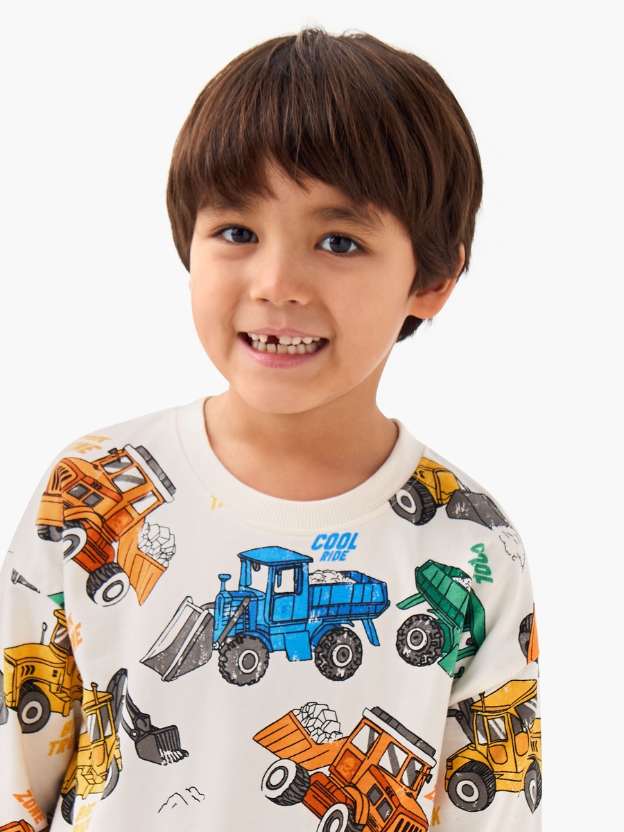 Crew Neck Cotton Sweatshirt with Vehicle Print
